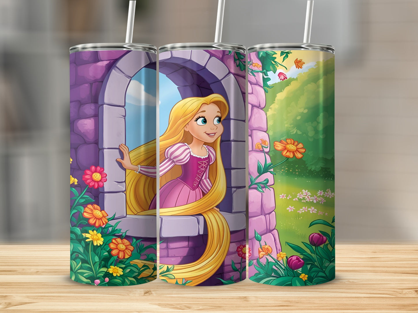 Rapunzel with long blonde hair in a pink dress peeking from tower window.