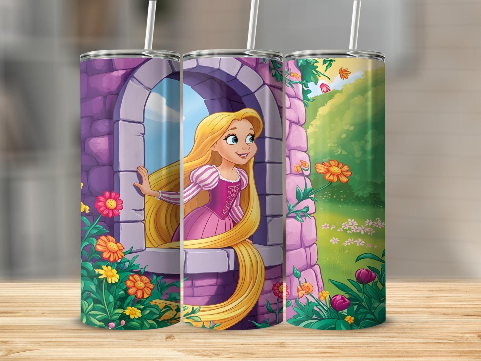 Rapunzel with long blonde hair in a pink dress peeking from tower window.