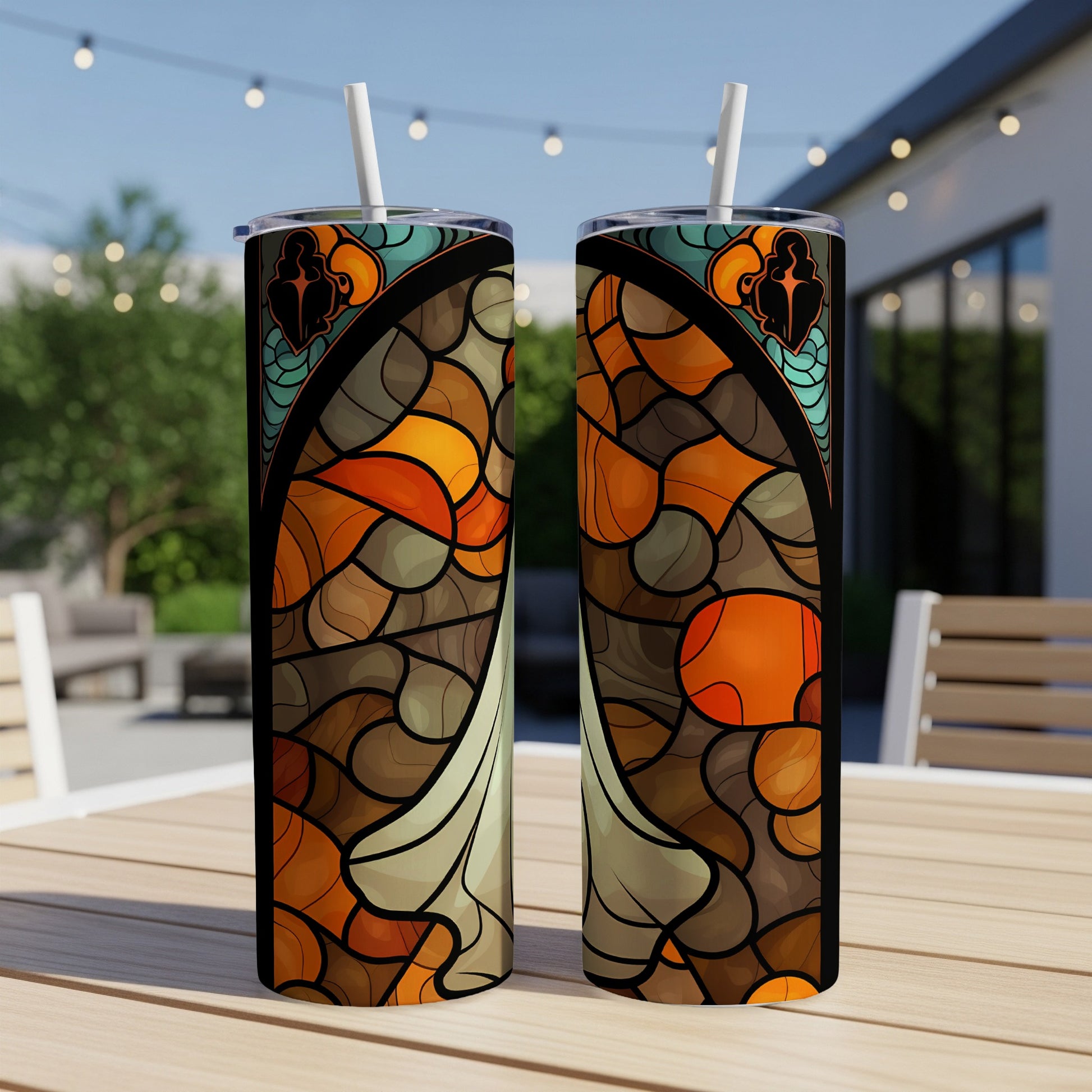 Two tumblers with stained-glass style pattern featuring orange and brown colors.
