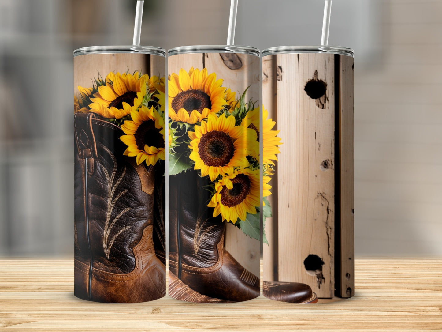 Brown cowboy boot with sunflowers, a wooden background.