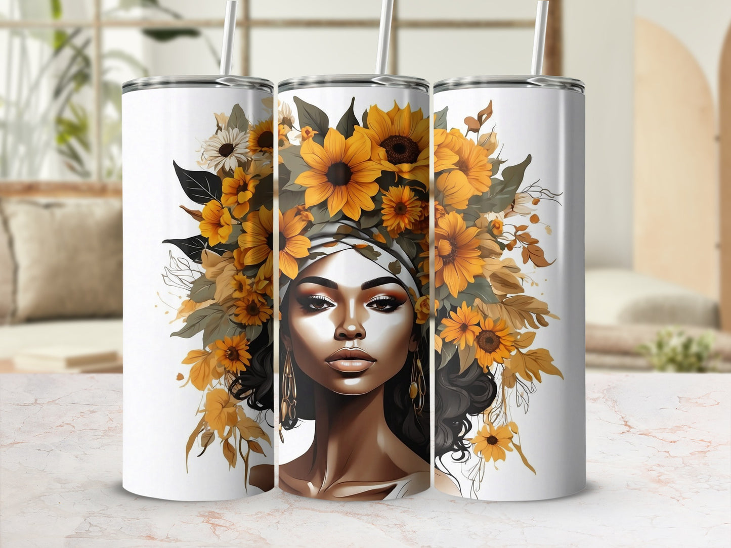 Woman with sunflowers in her hair on a white tumbler cup.