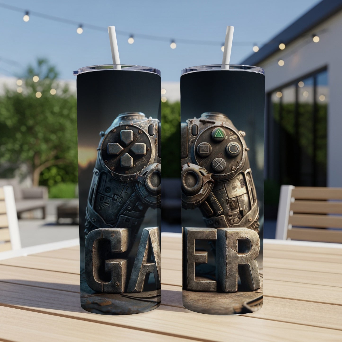 Two tumblers with a steampunk-style controller and the word "GAIER" on them.