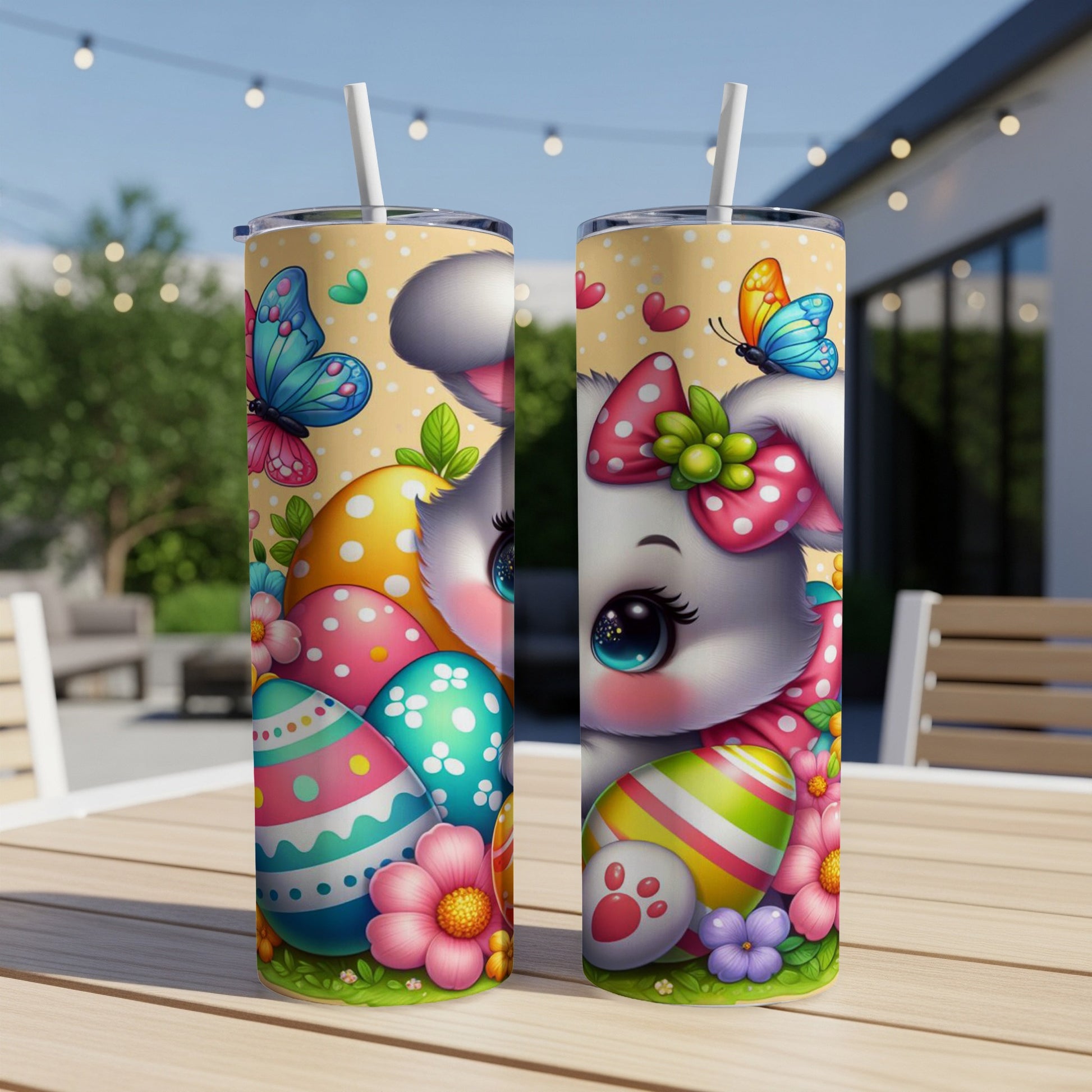 Easter bunny with colorful eggs and butterflies on a tumbler.