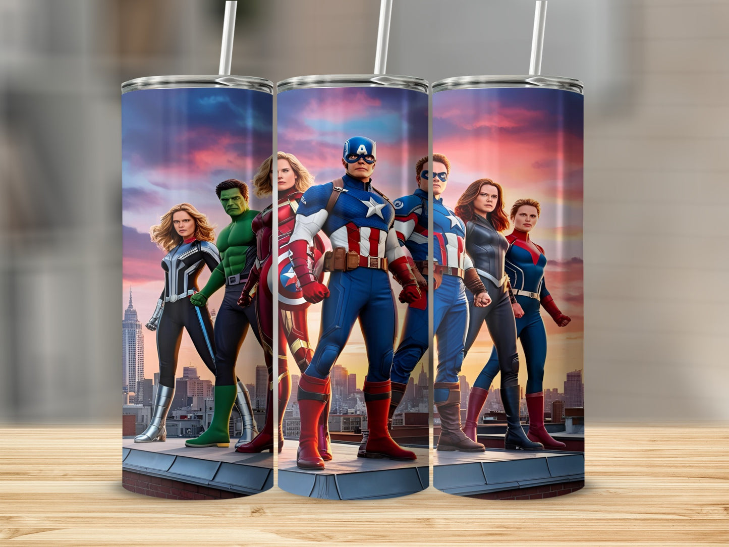 The Avengers stand on a rooftop with a city skyline at sunset.