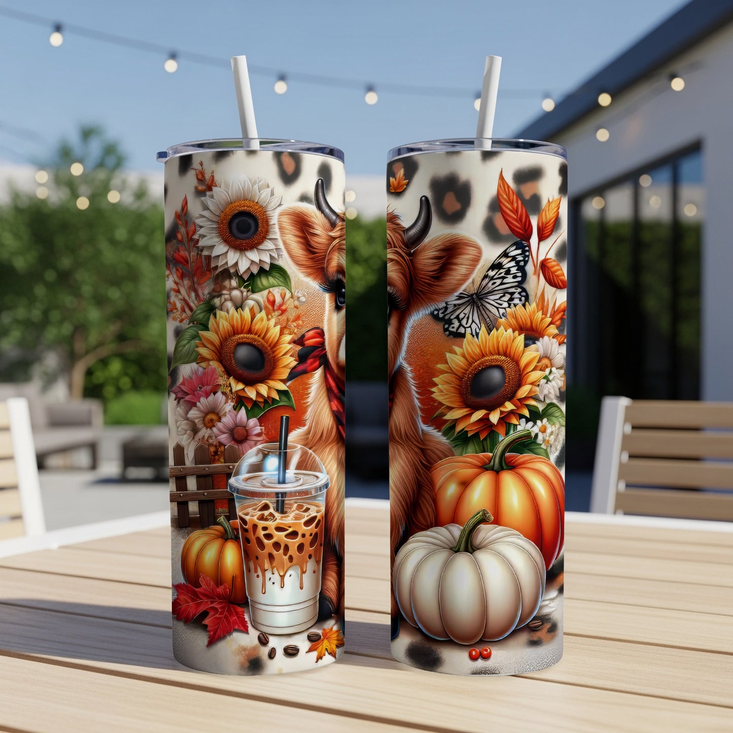 Two skinny tumblers with cow, sunflower, pumpkin, and coffee designs.