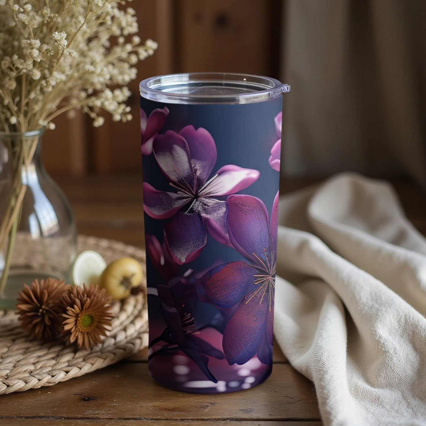 Purple and Pink Floral Design Travel Tumbler