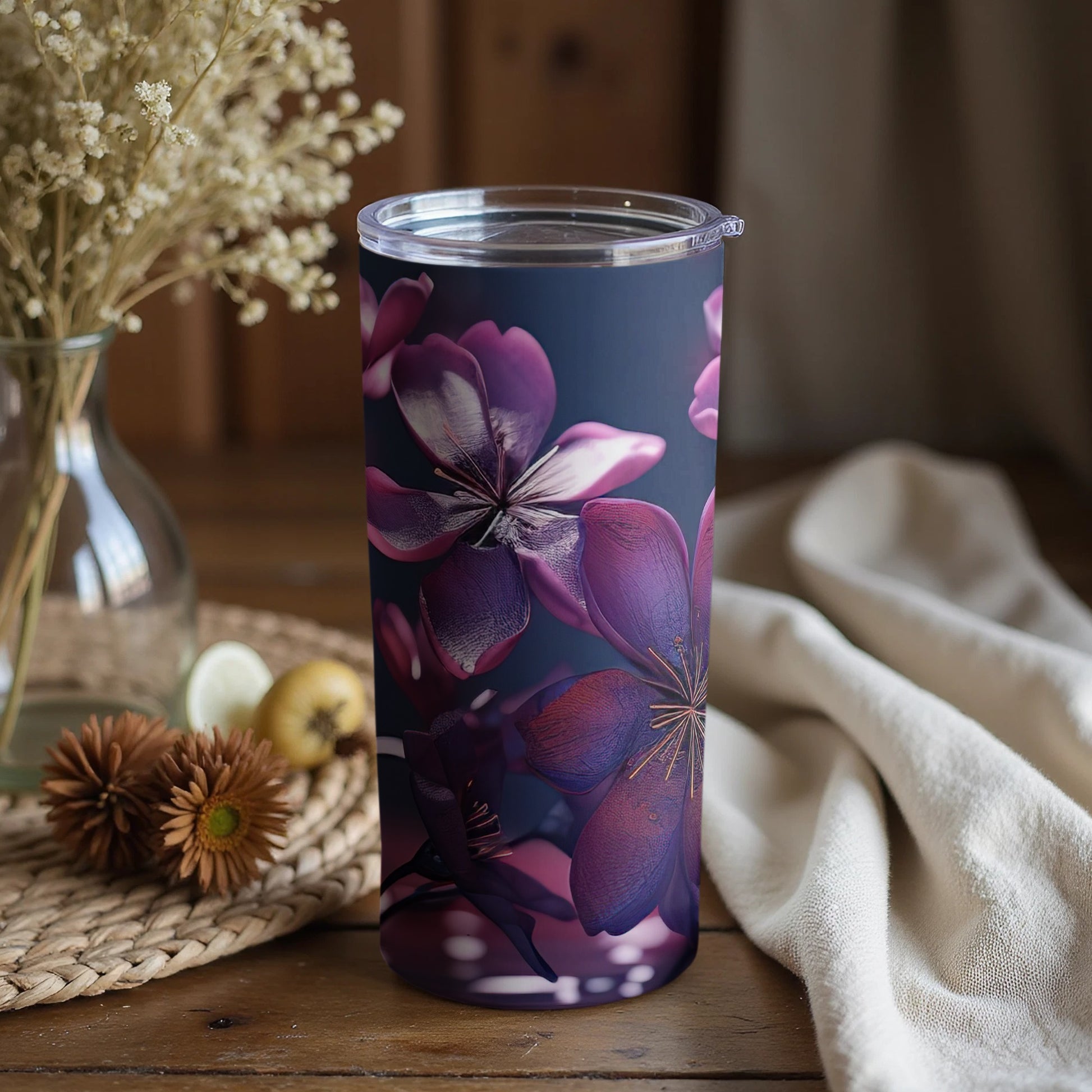 Purple and Pink Floral Design Travel Tumbler