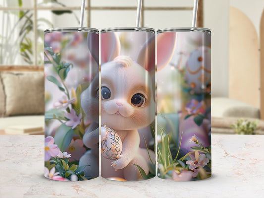 Cute bunny with Easter egg on a floral background.