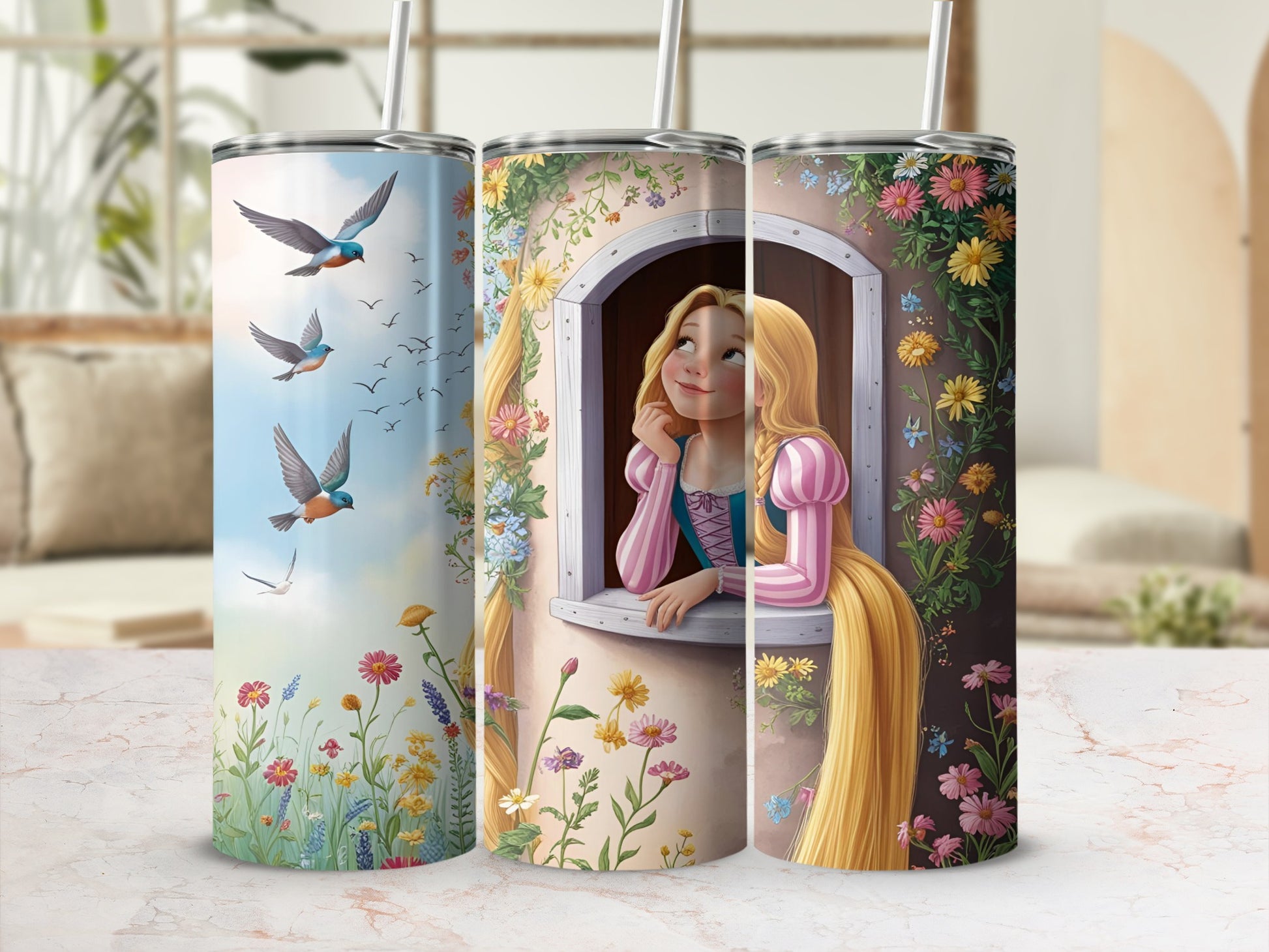 Tangled characters with long blonde hair in a castle window, surrounded by flowers and birds.