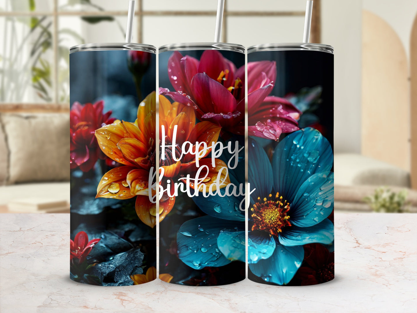 Tumbler with colorful flowers and "Happy Birthday" text.