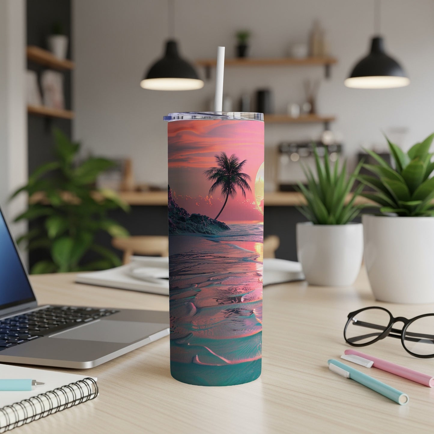 Beach sunset scene on a skinny tumbler with palm tree.