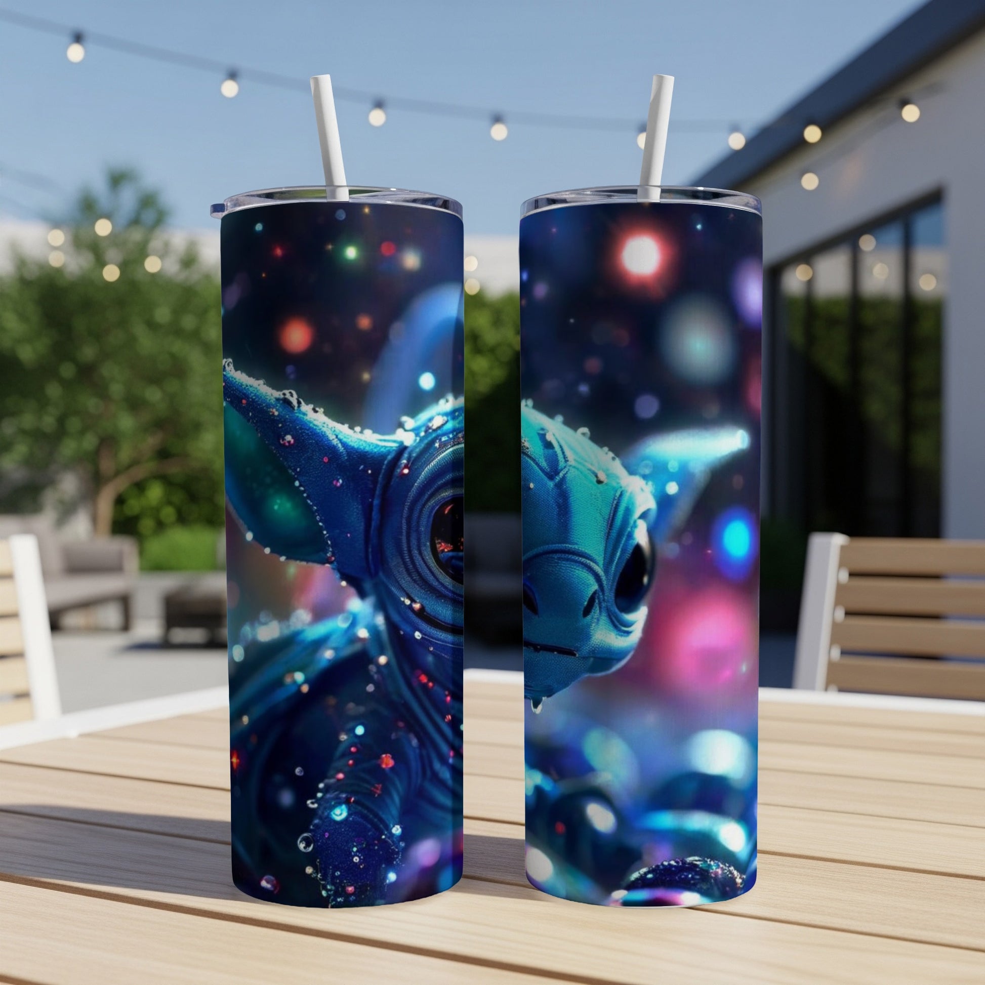 Blue alien creature with big eyes on a colorful, starry background.