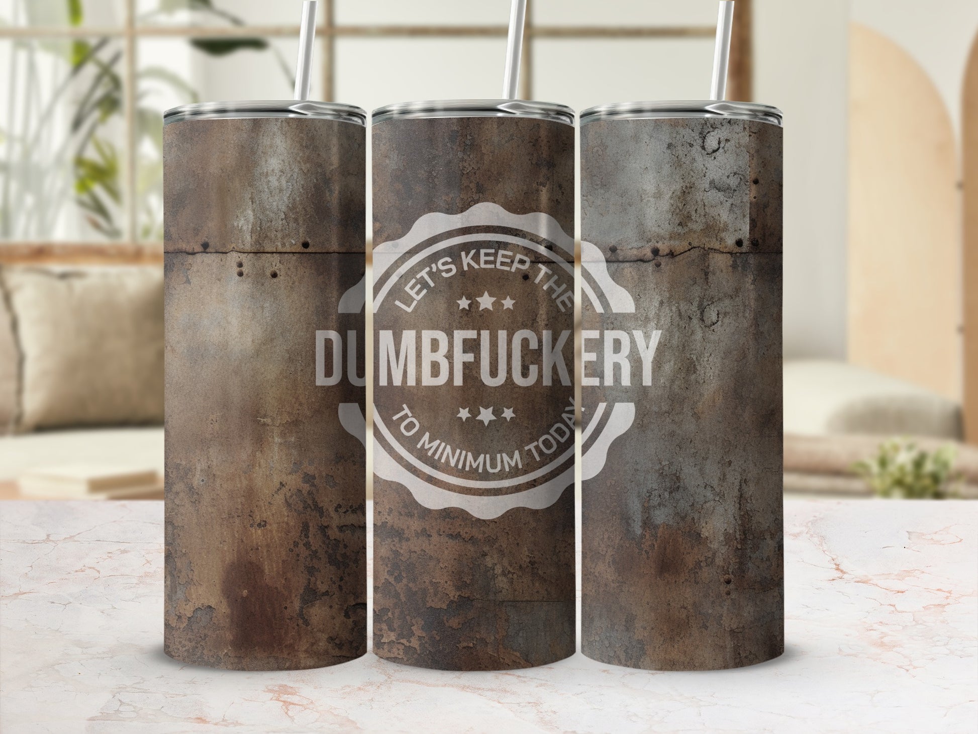 Let's Keep The Dumbfuckery To Minimum Today Tumbler
Tumbler
Insulated Tumbler
Funny Quote
Dumbfuckery
Sarcastic Gift
Humor Drinkware
Witty Sayings
Unique Tumbler
Rustic Design
Distressed Look
Metal Aesthetic
Grunge Pattern
Rusty Finish
Beverage Cup
Drink Holder
Gift Idea
Birthday Gift
Office Humor
Daily Reminder
Let's Keep Today