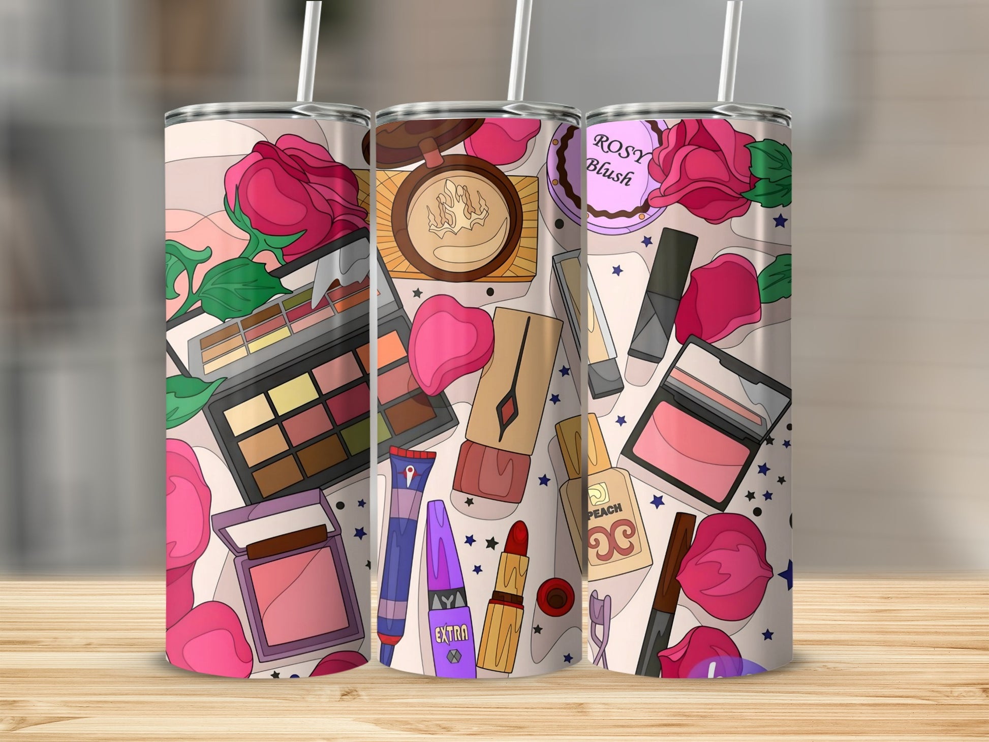 Vibrant Makeup Themed Tumbler with Colorful Design