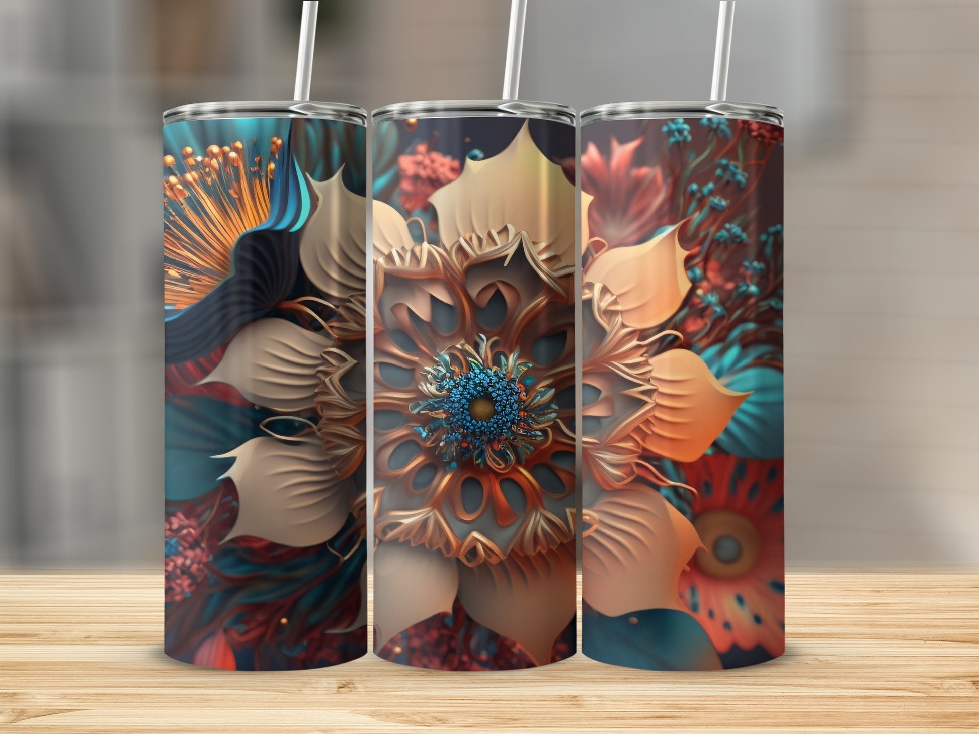 Abstract Floral Design Double Walled Insulated Tumbler