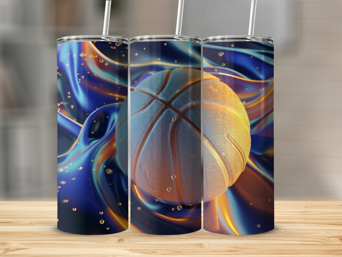 Basketball with swirling blue and gold liquid abstract background.