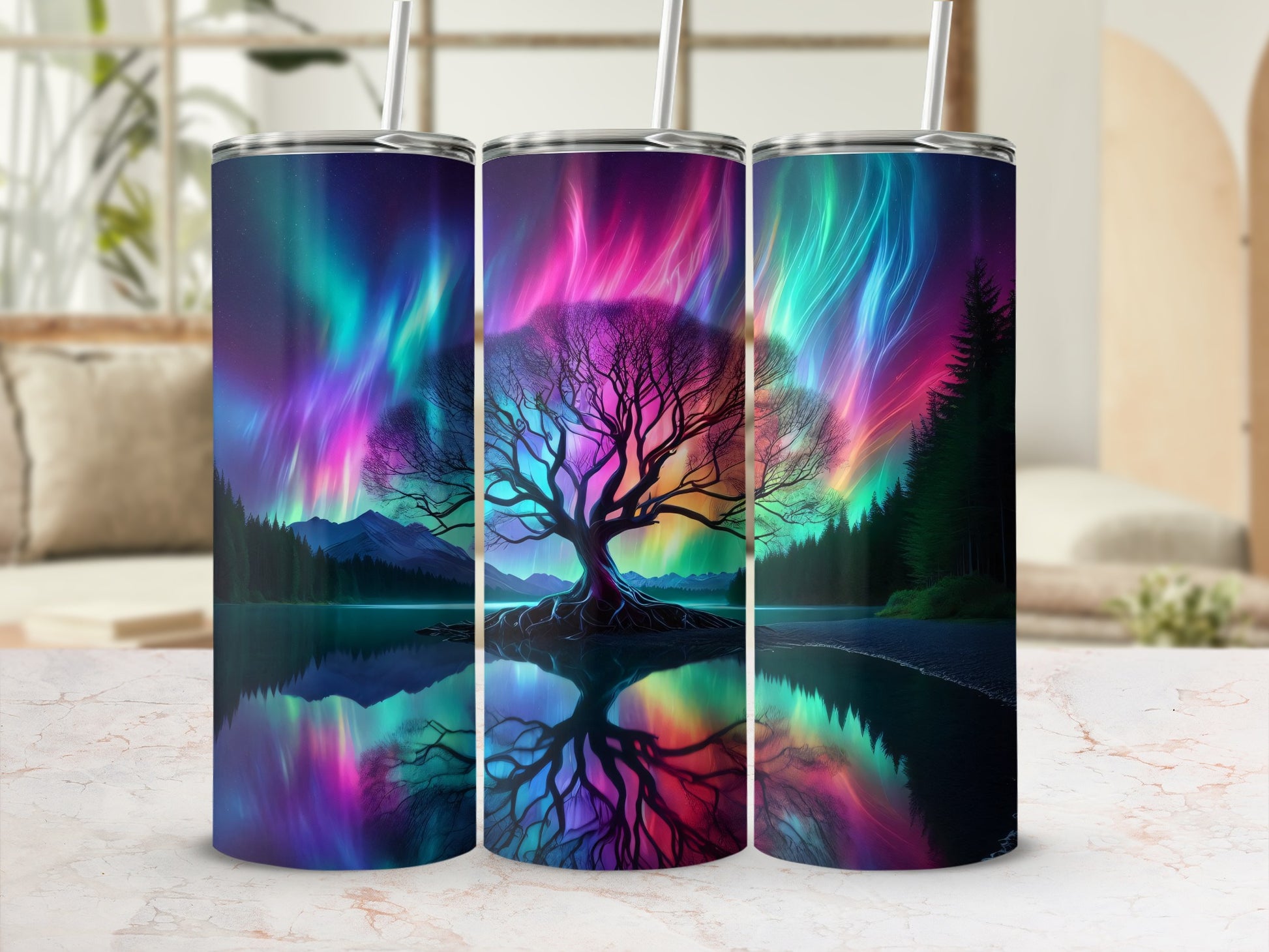 Northern Lights Tree Design Tumbler Product