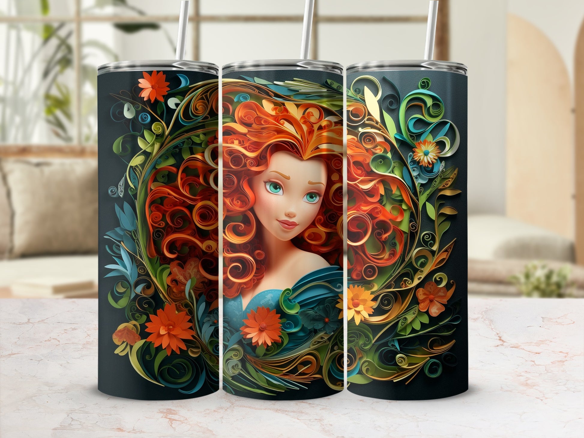 Beautiful Floral and Red Hair Design Travel Tumbler