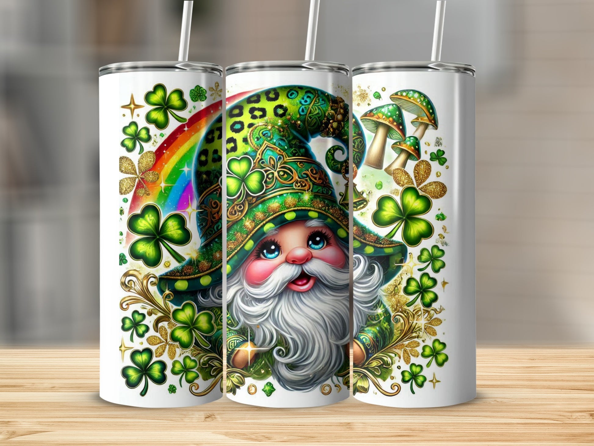 St. Patrick's Day tumbler with a leprechaun, rainbow, and shamrocks.