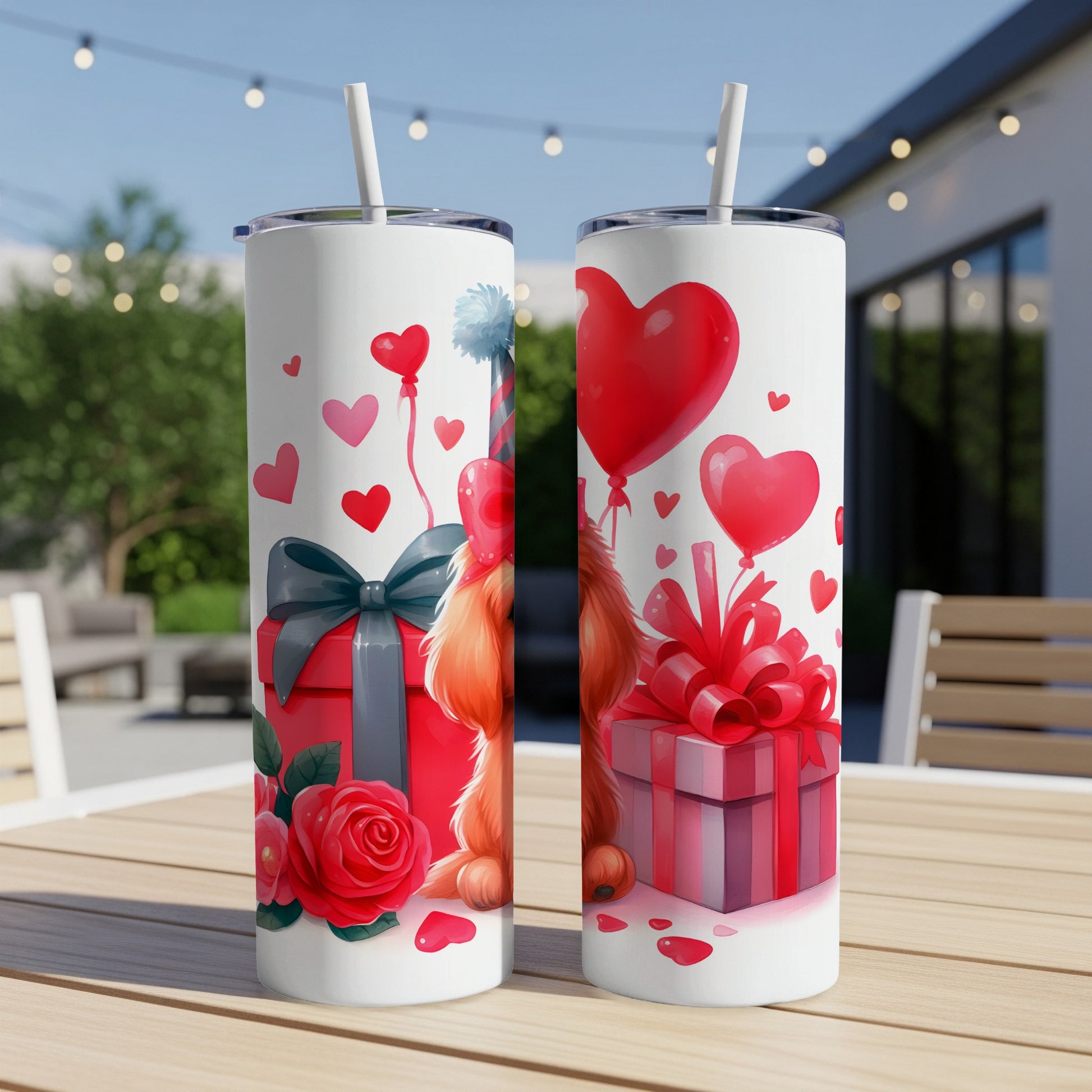 Two Valentine's Day themed tumblers featuring a dog, gifts, and balloons.