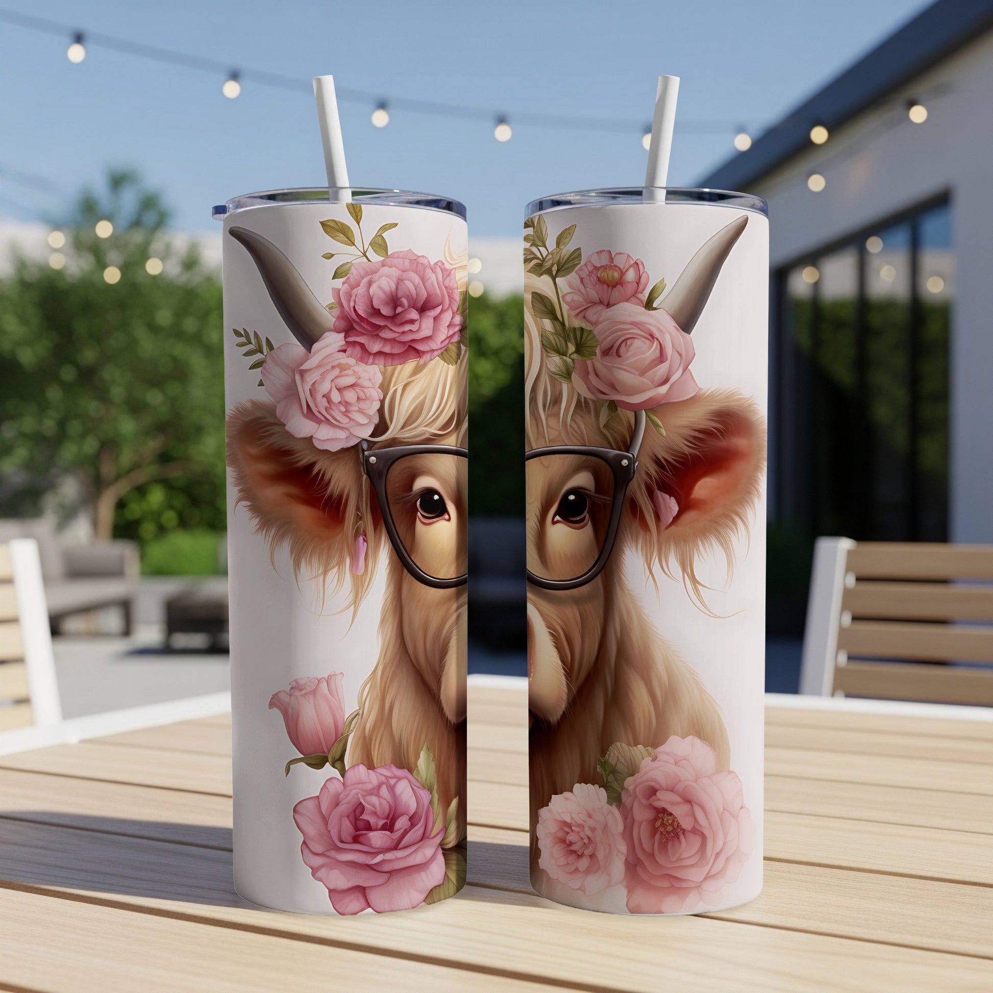 Cow with glasses and flowers design on two white tumblers.