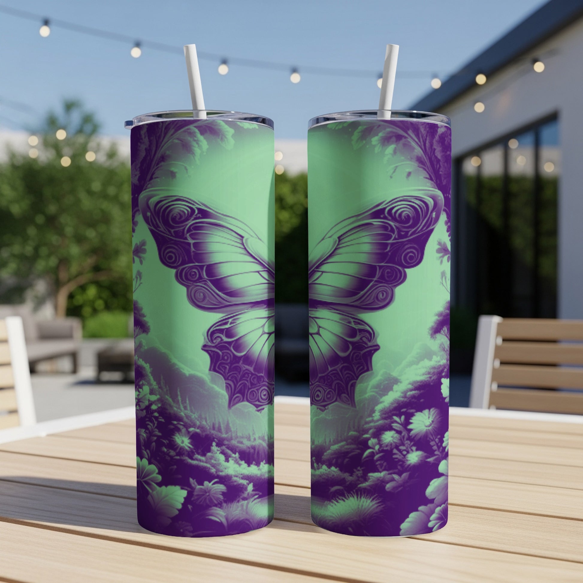 Two purple and green patterned tumblers with butterfly designs on an outdoor table.