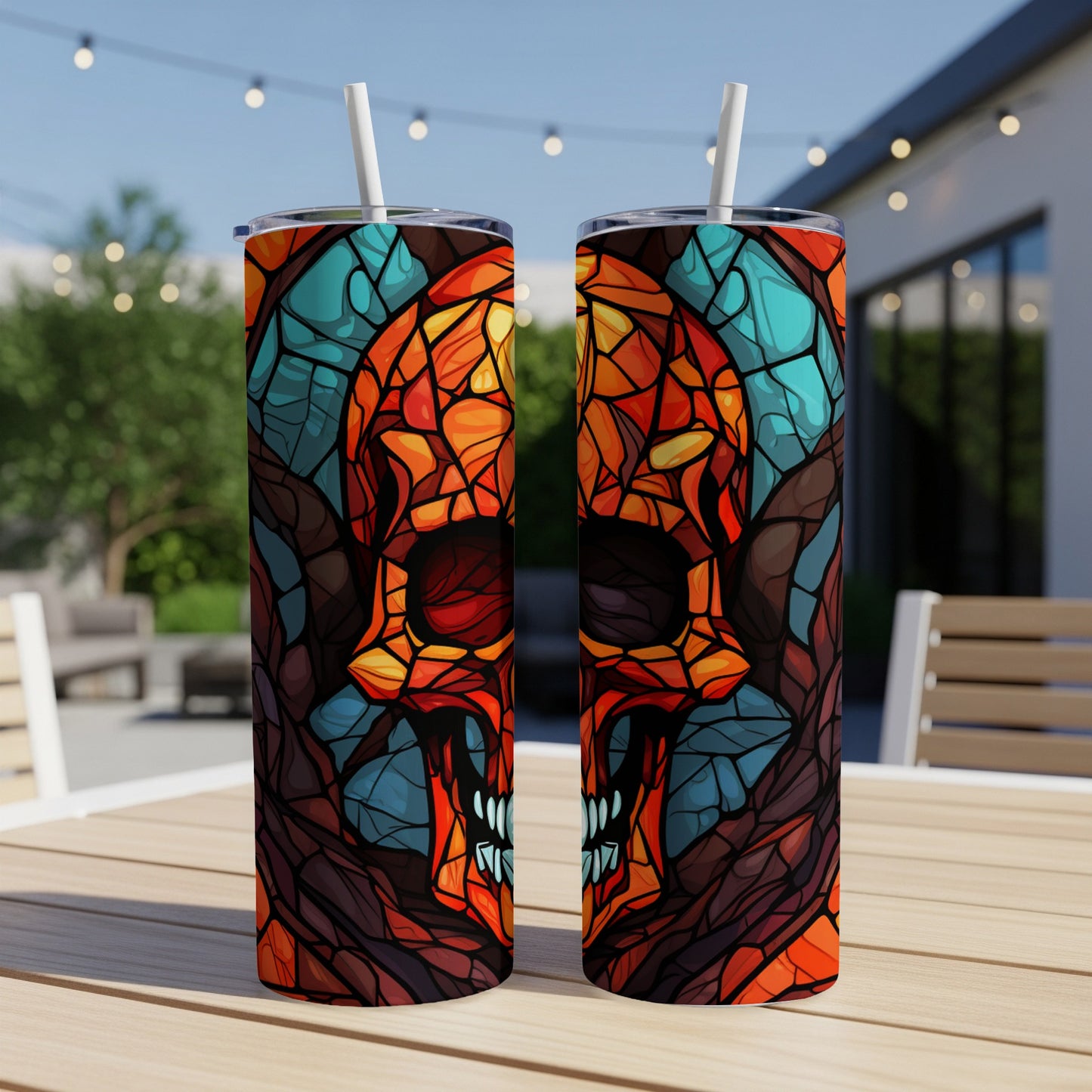 Two tumblers with a stained-glass skull design on an outdoor table.