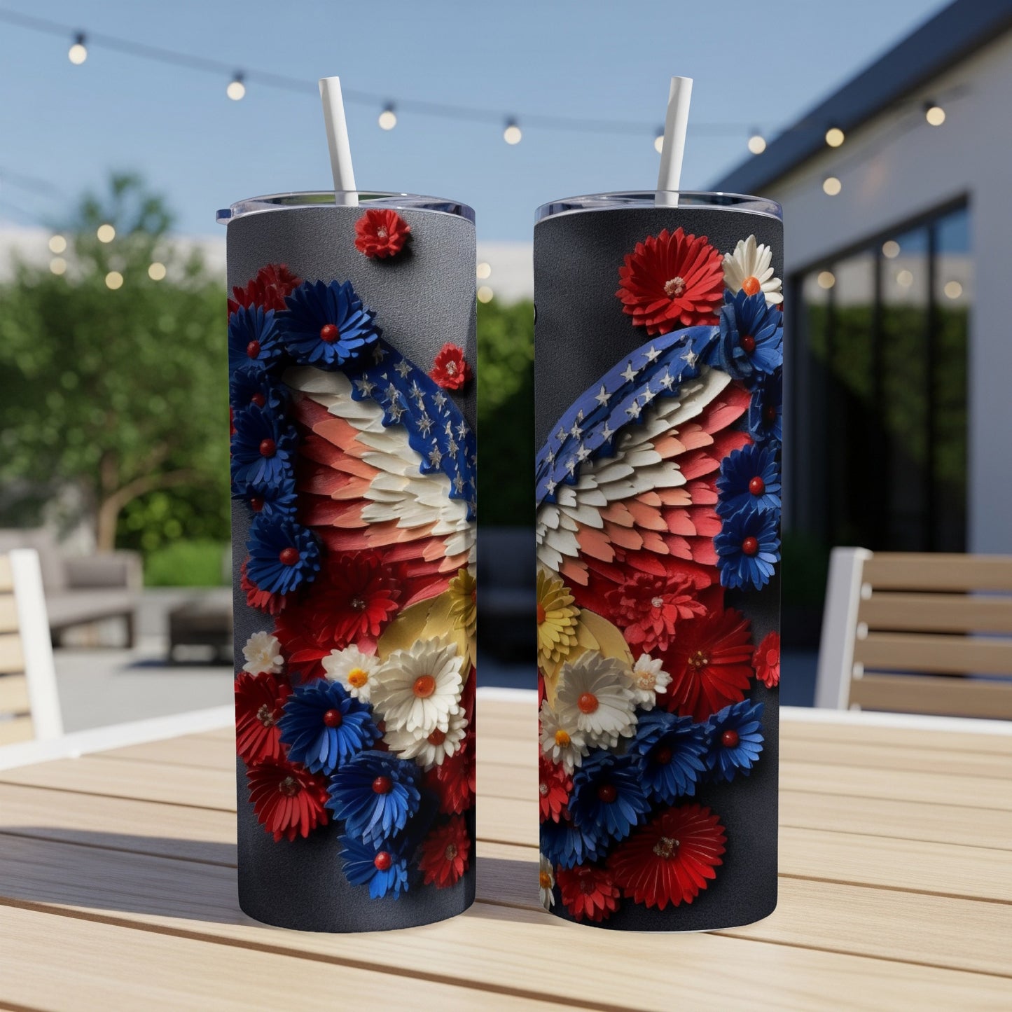 Two tumblers decorated with a patriotic butterfly and flowers.