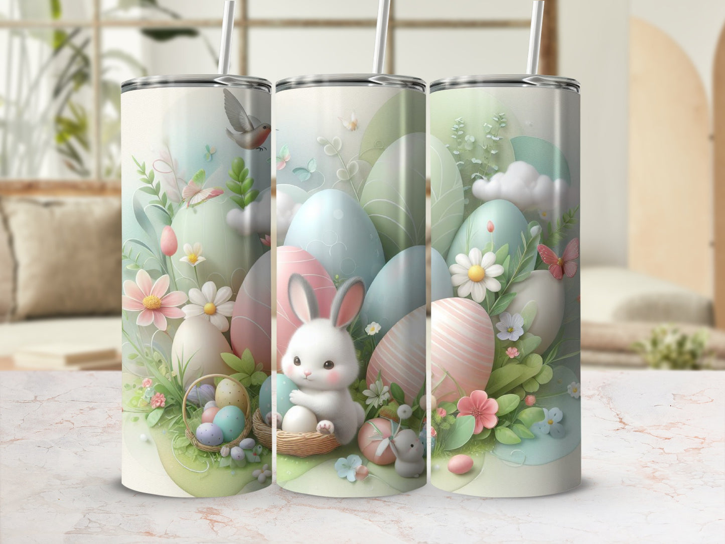 Easter tumbler with bunny, eggs, and floral accents.