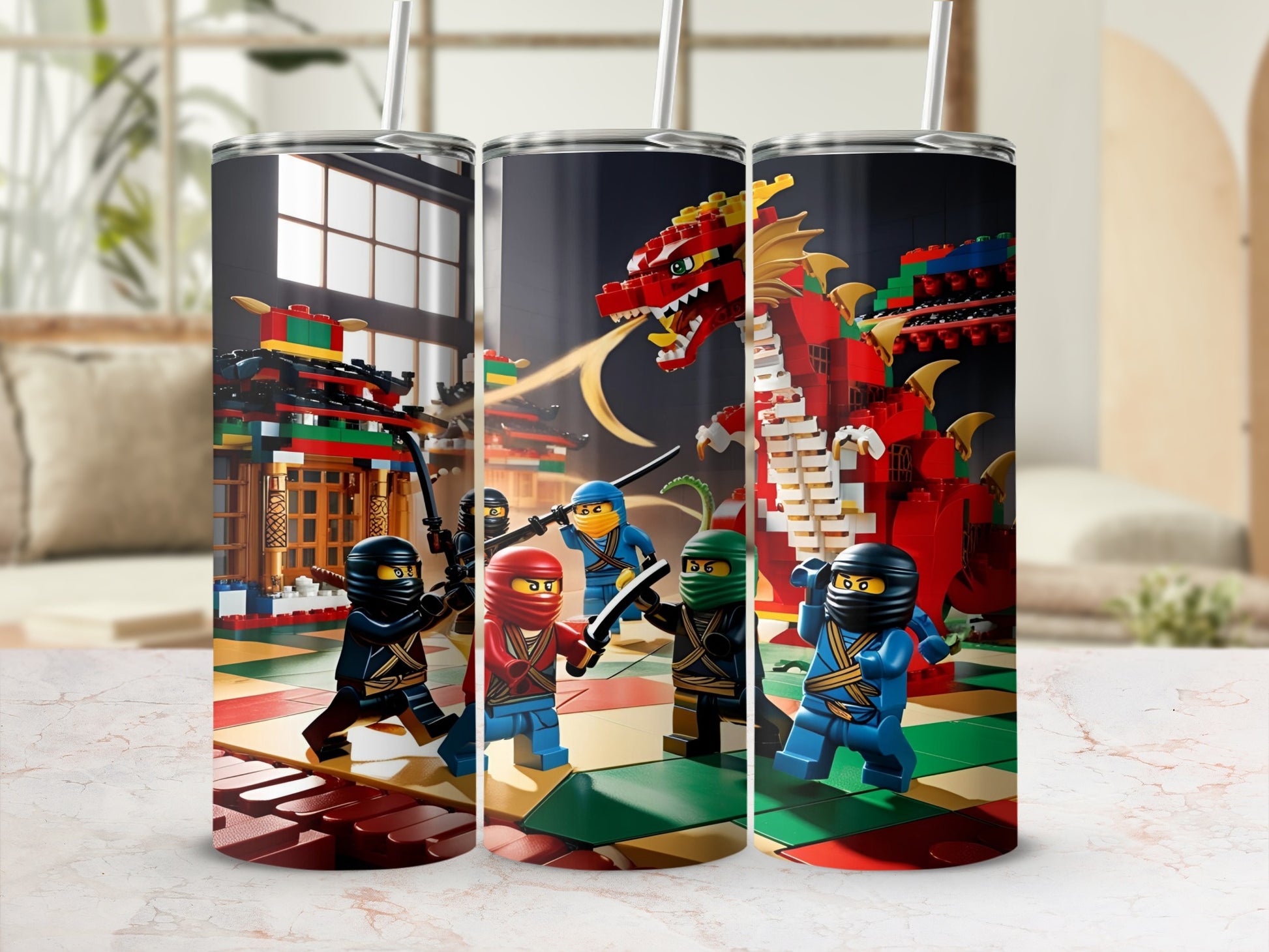 LEGO ninjas battling a red dragon on a colorful building block background.