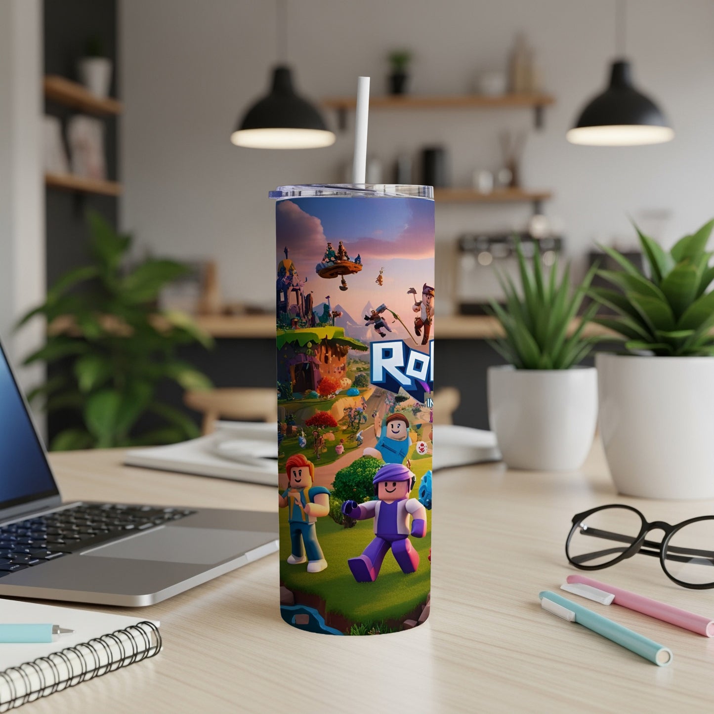 Roblox characters and game scenes on a white tumbler with a straw.