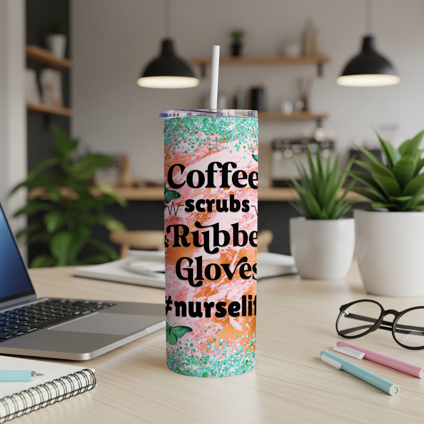 Glittery tumbler with "Coffee Scrubs Rubber Gloves #NurseLife" text.
