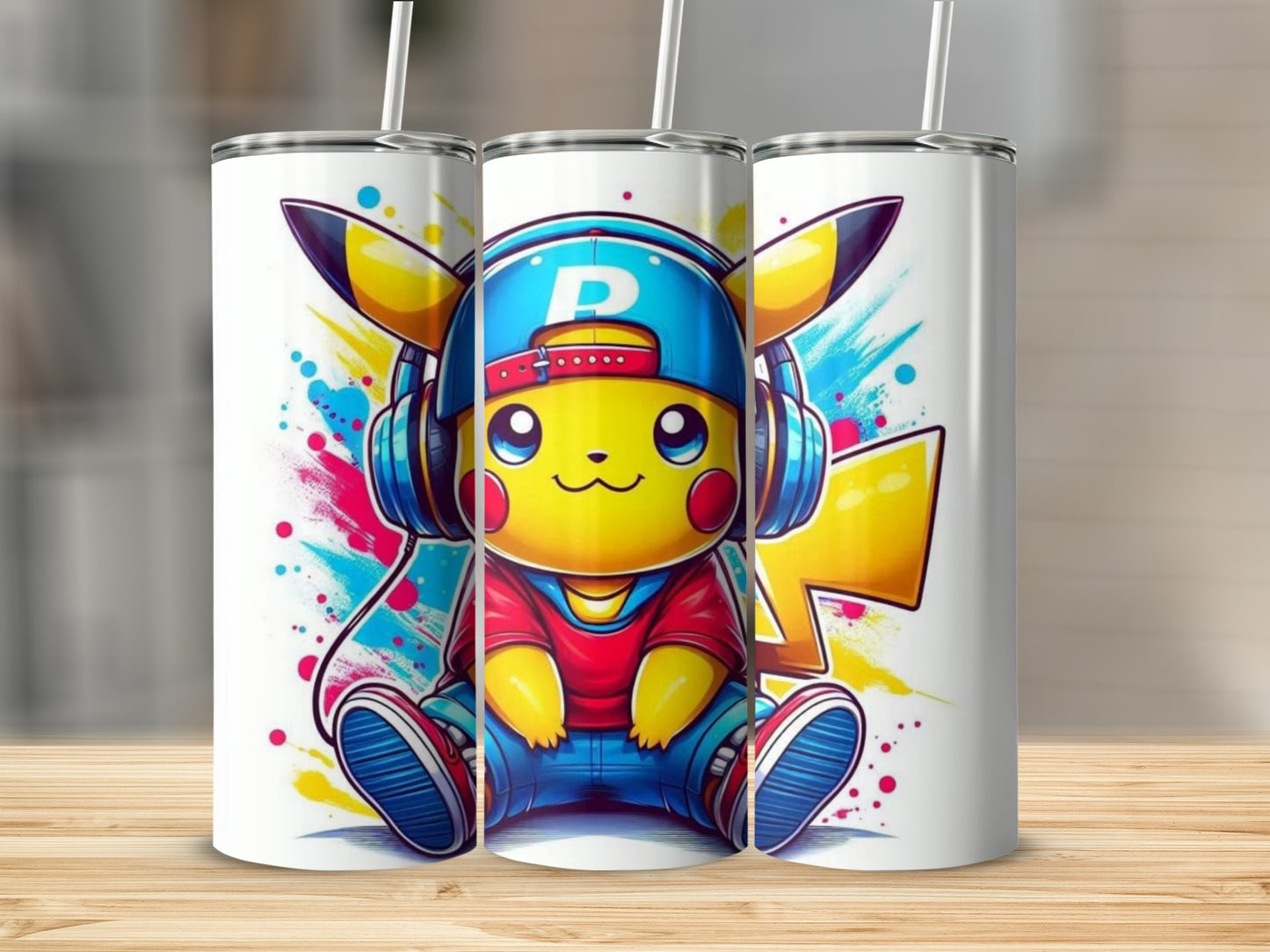 Colorful Pikachu with Headphones and Hat tumbler