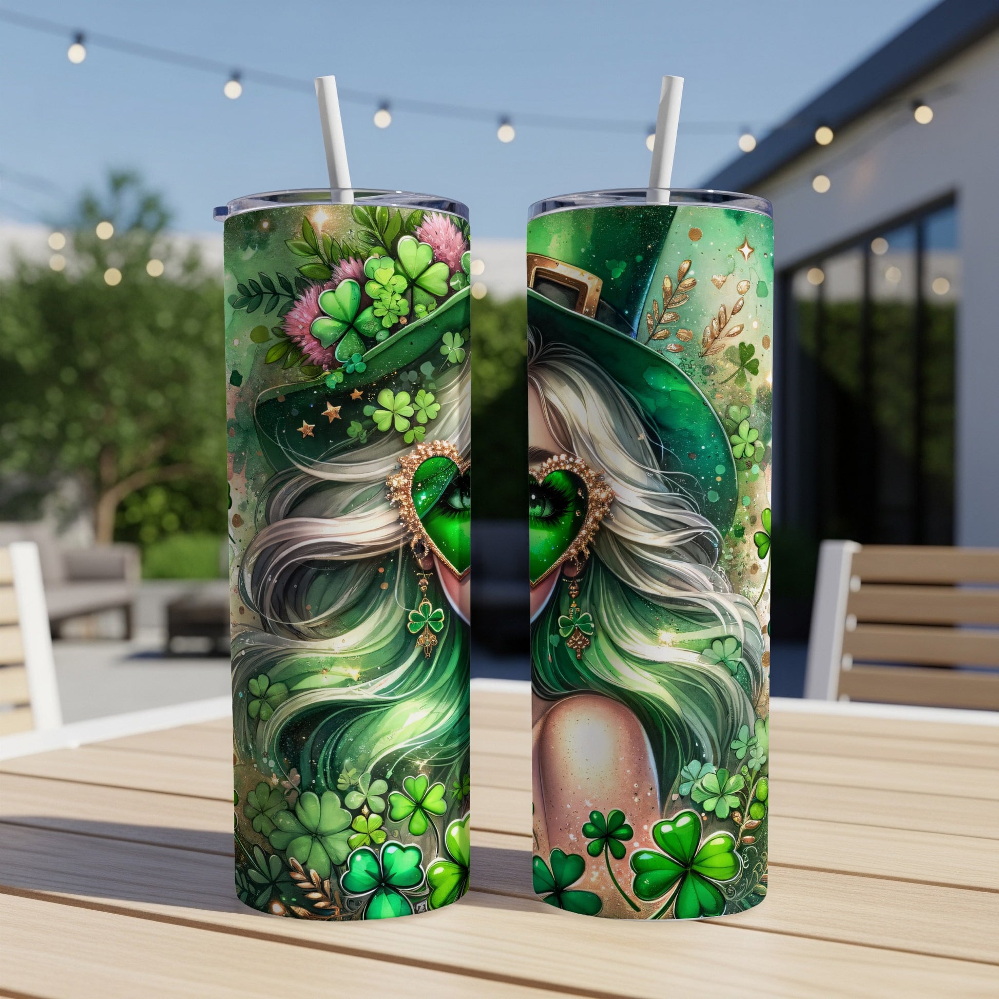 St. Patrick's Day tumbler with shamrocks, clover hearts, and a woman with green hair.