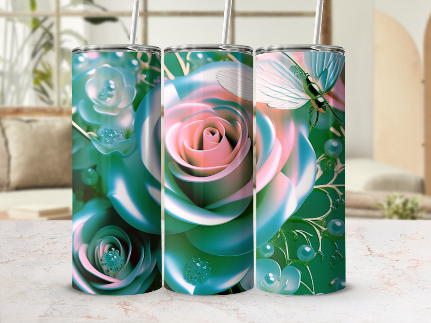 Three iridescent tumblers featuring teal and pink roses and butterflies.