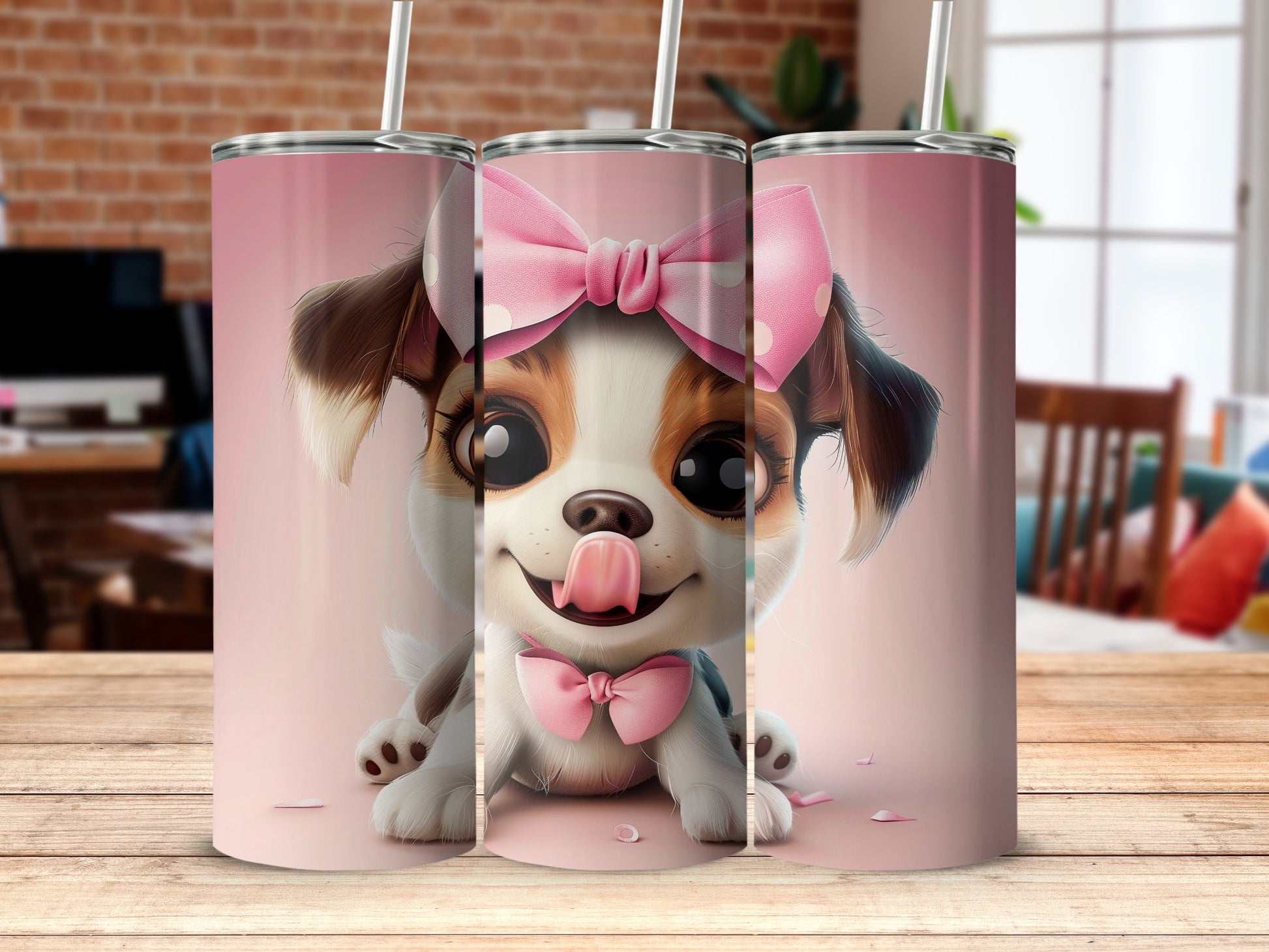 Adorable puppy big eyes pink bows doggy product type