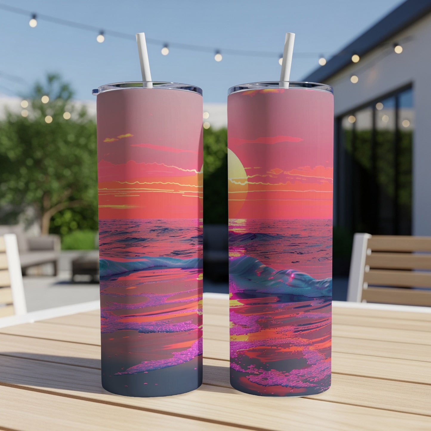 Two tumblers with a vibrant sunset ocean wave design on a patio table.