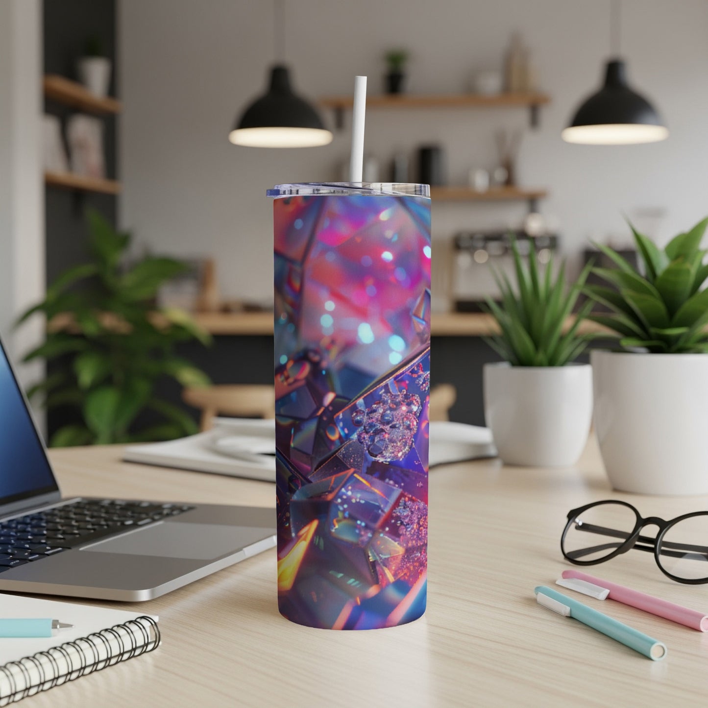 Colorful faceted tumbler with a straw on a wooden desk.