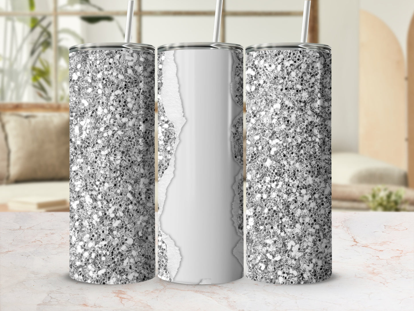 Three glitter tumblers with torn paper effect, two angled, one centered.