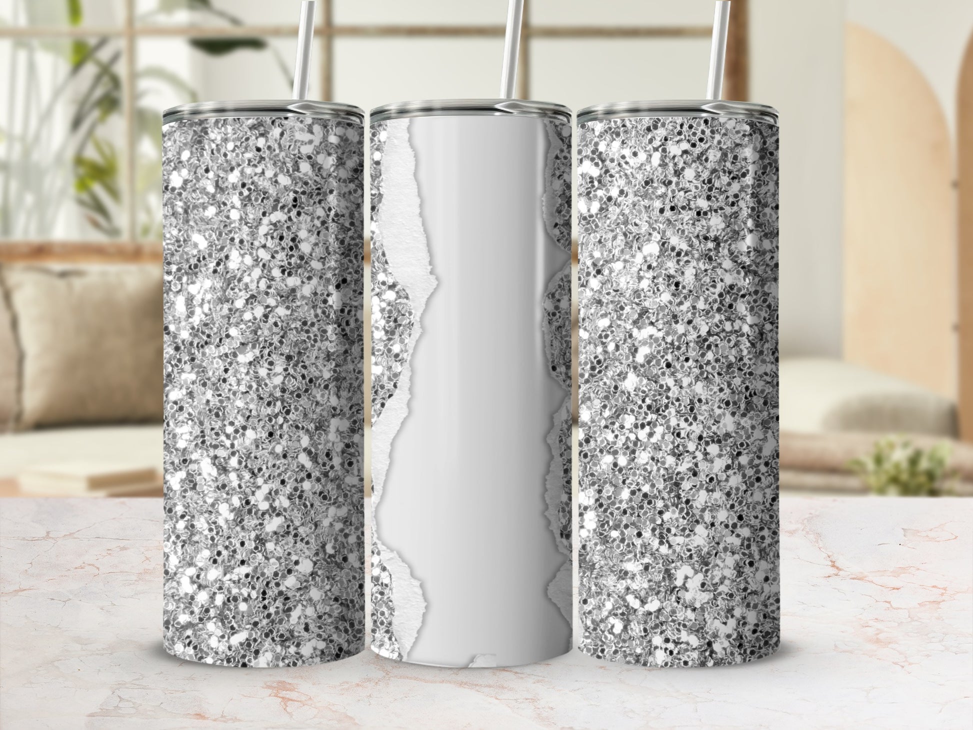 Three glitter tumblers with torn paper effect, two angled, one centered.