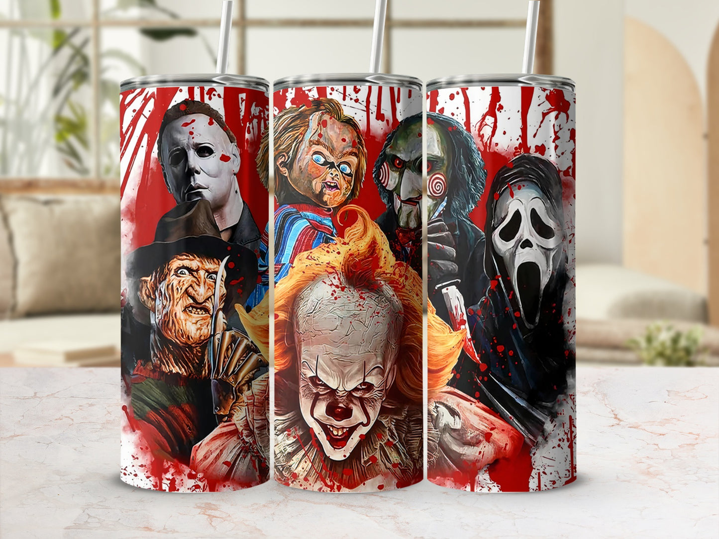 Three horror movie characters on tumblers with straws, blood splatter design.