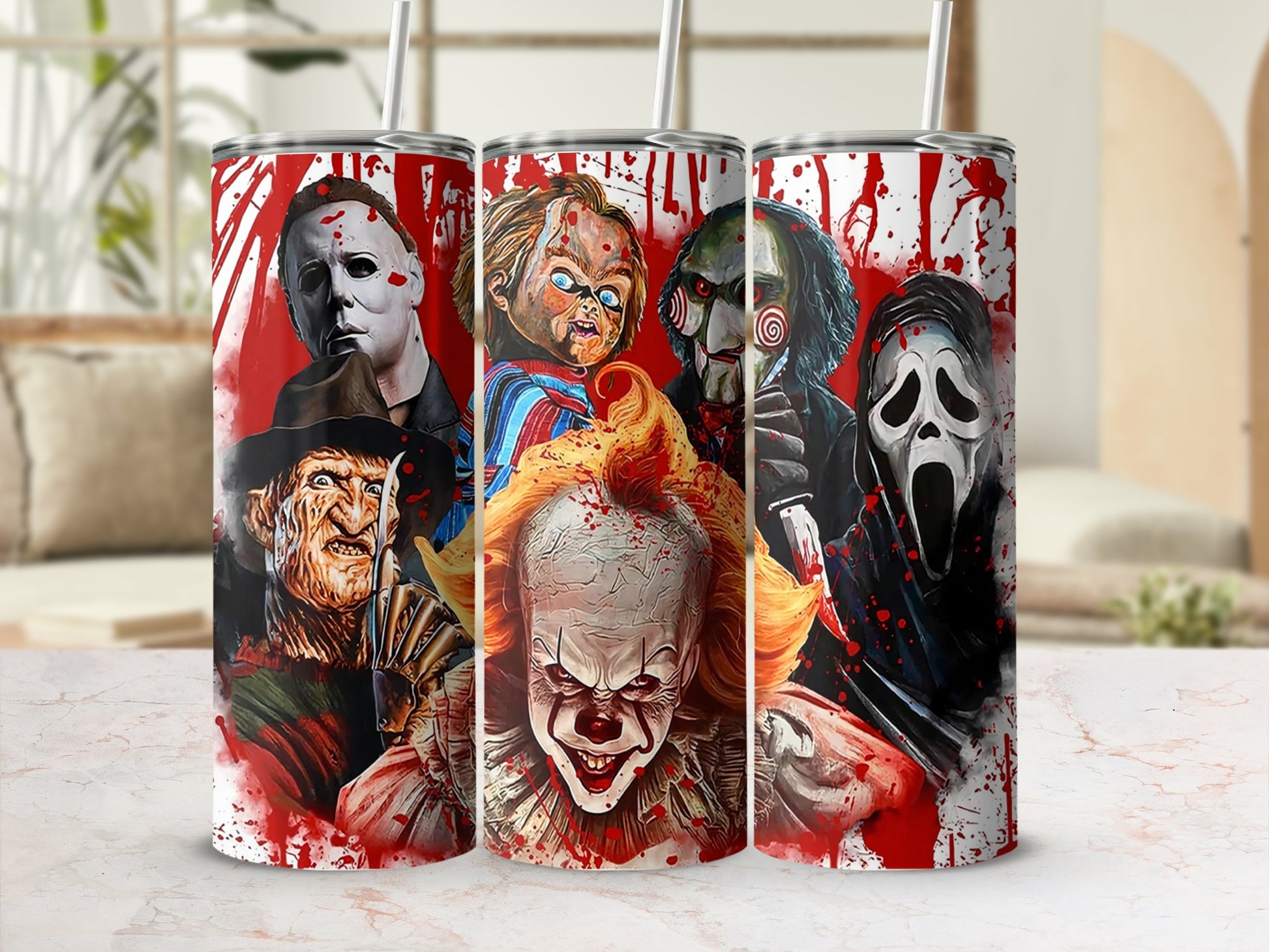 Three horror movie characters on tumblers with straws, blood splatter design.