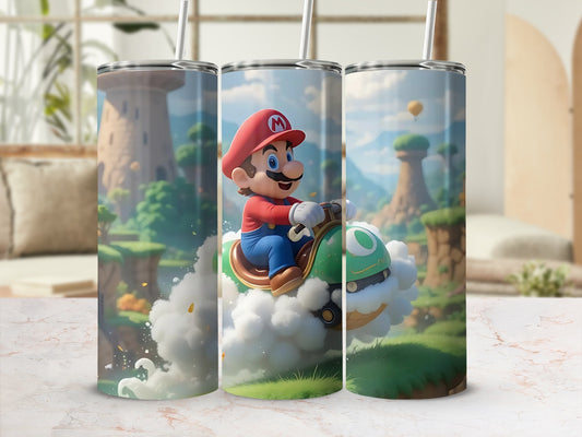 Colorful Mario Riding Scooter Themed Tumbler