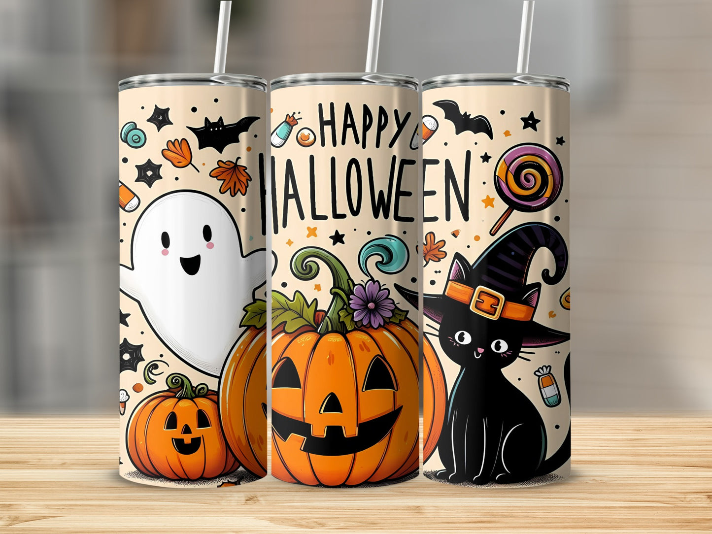 Fun Halloween Ghost Pumpkin Cat Illustration tumbler