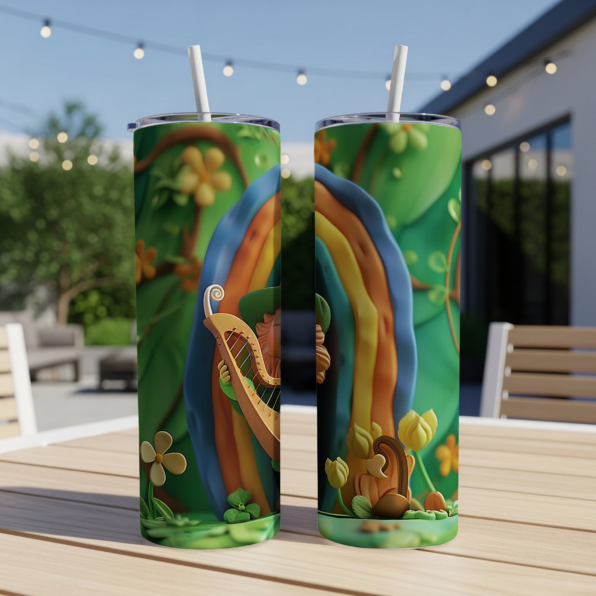 Leprechaun playing harp with rainbow and shamrocks on a green tumbler.