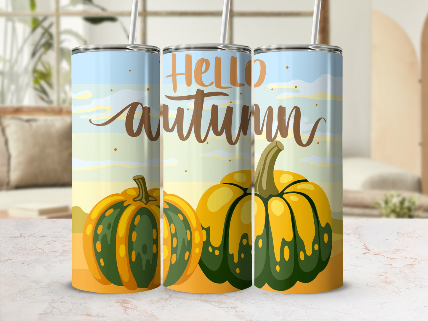 Hello Autumn Pumpkin Design Slim Tumbler Cup