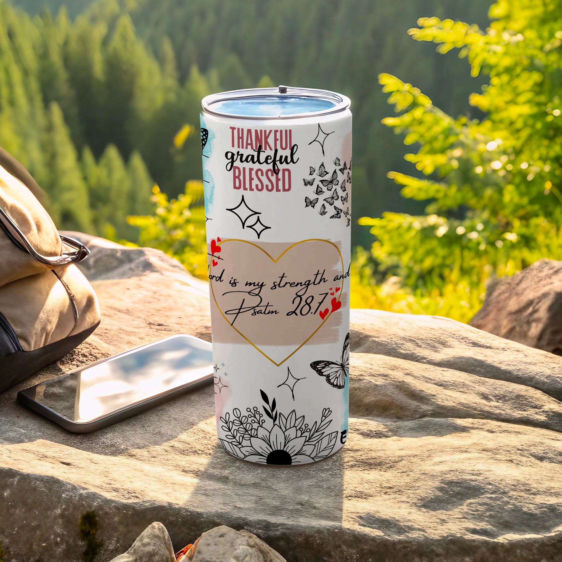 Inspirational Psalm 28:7 Travel Tumbler with Motivational Quotes