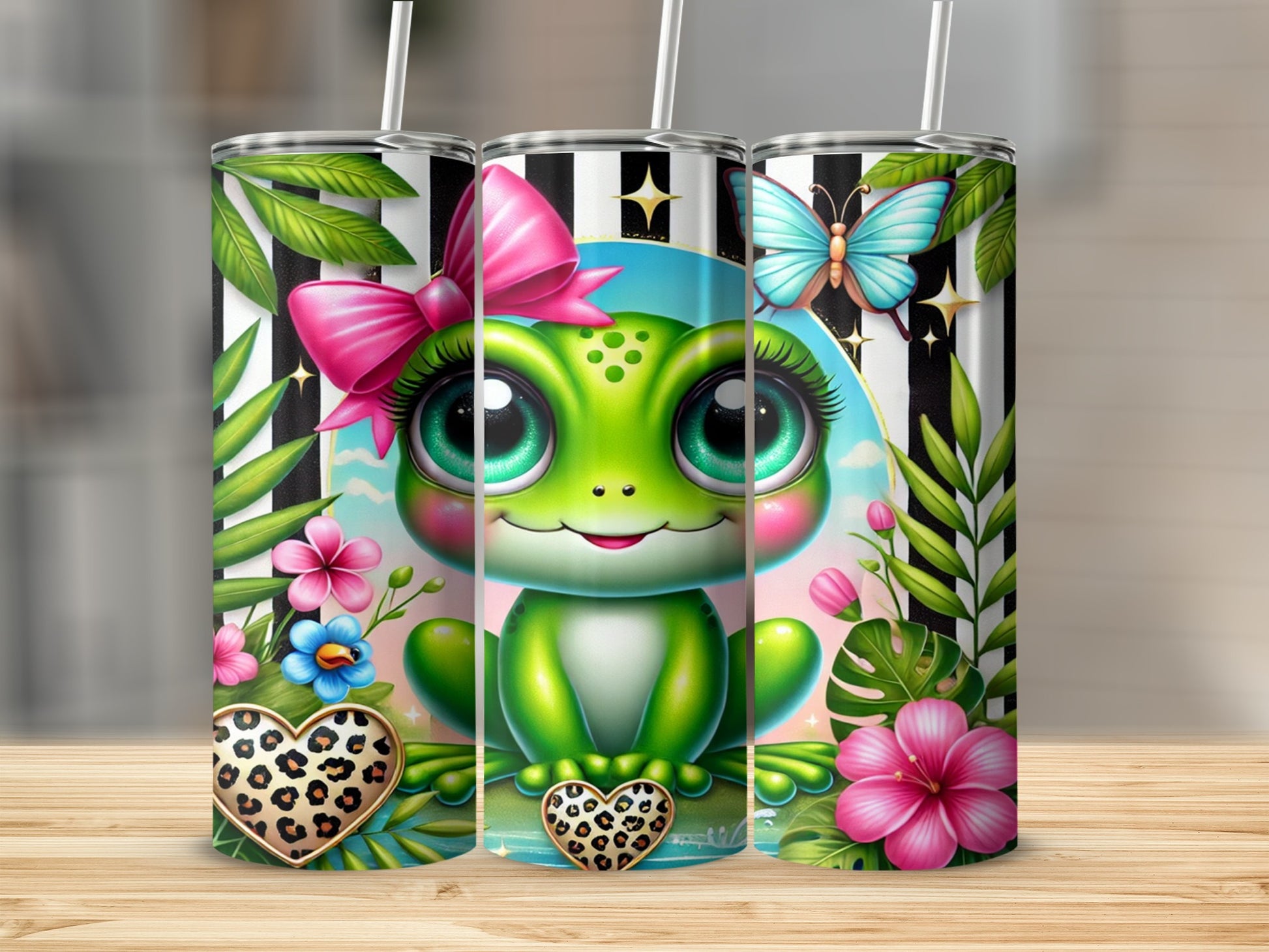 Cute Froggy with Pink Bow and Butterfly Tumbler