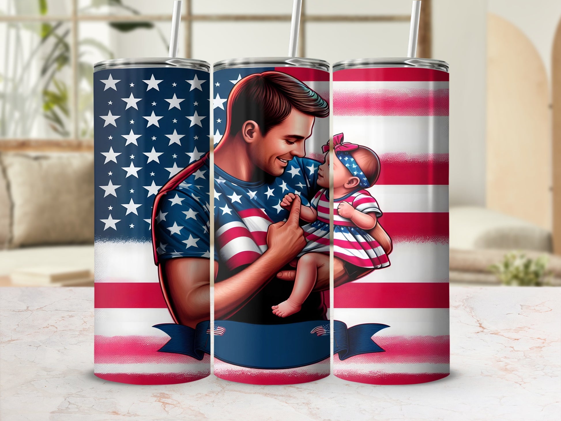 Father and baby in patriotic outfits with American flag design.