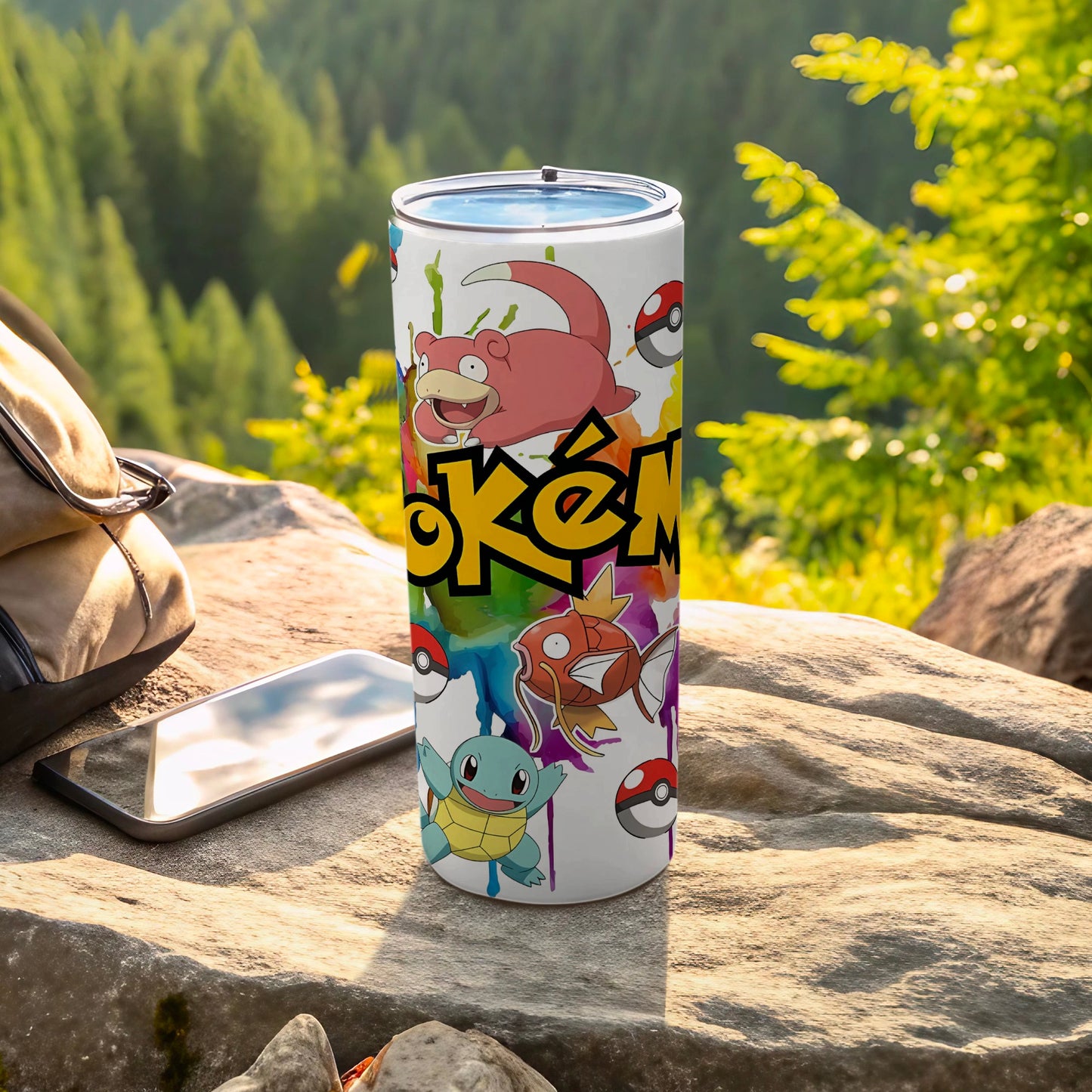 Colorful Pokémon Characters with Pokéballs tumbler